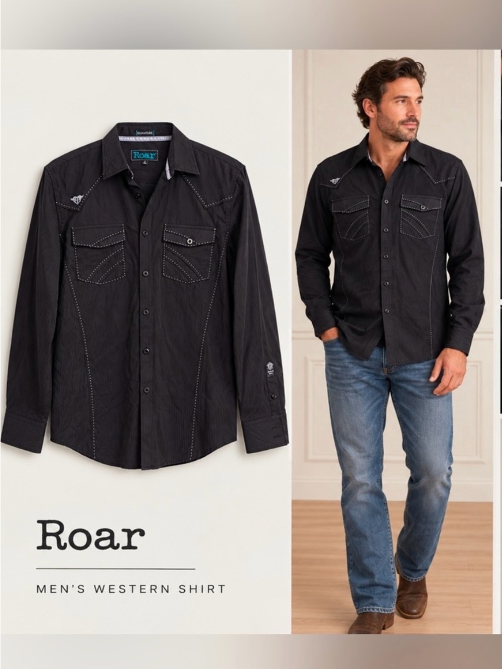 Roar Men's Black Button-Up Shirt Size Small Long Sleeve Embroidered Logo Western